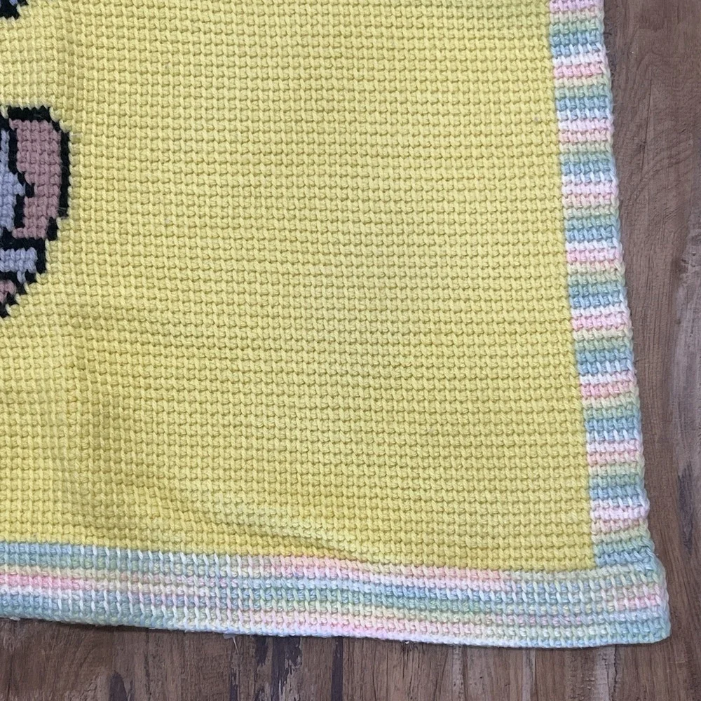 Vintage Crochet Baby Blanket Turtle Gentleman Yellow Afghan 33x36